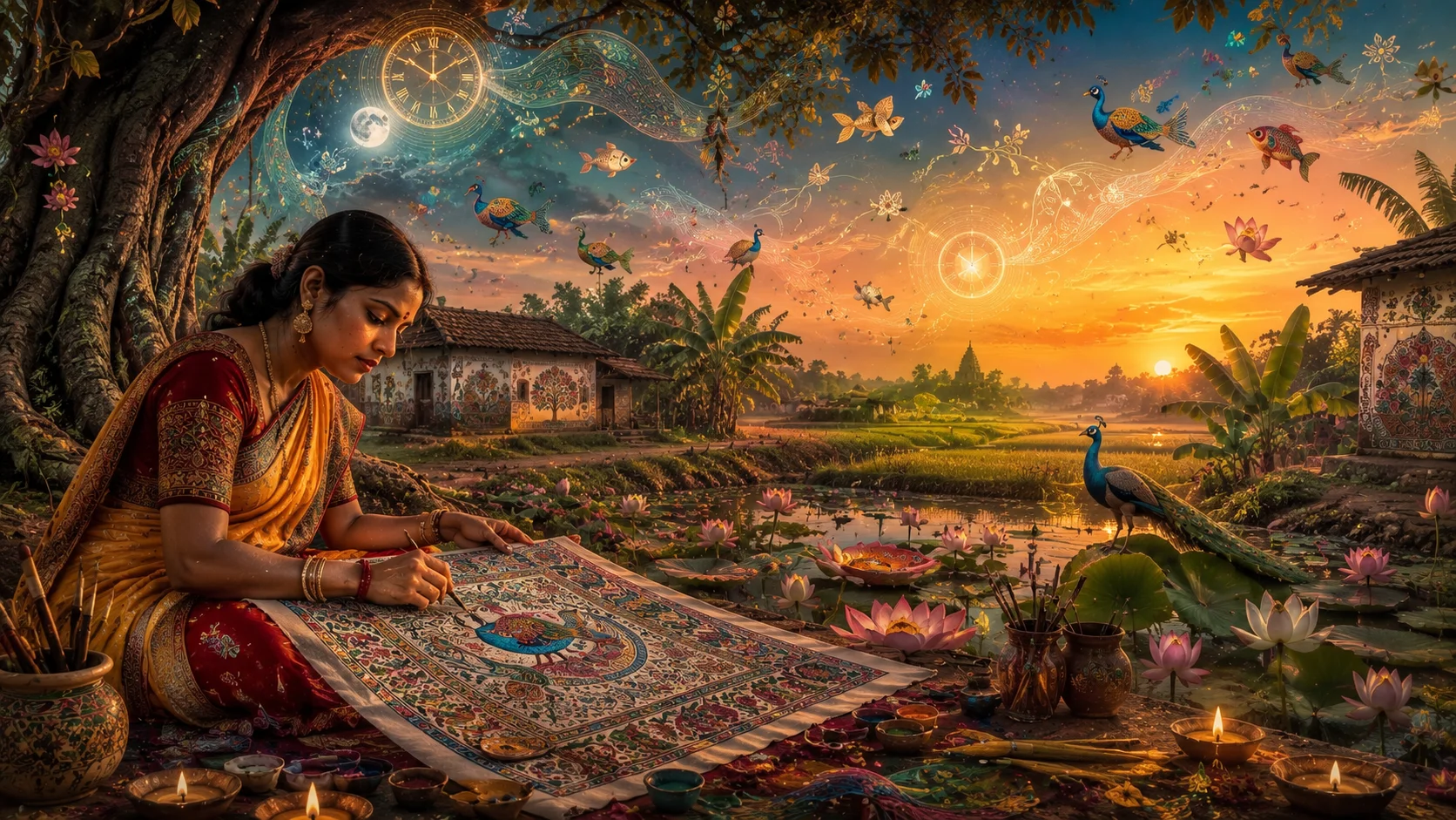 Unveiling Ghari Pawan: Sacred Time & Nature in Madhubani Art — KalaVihar