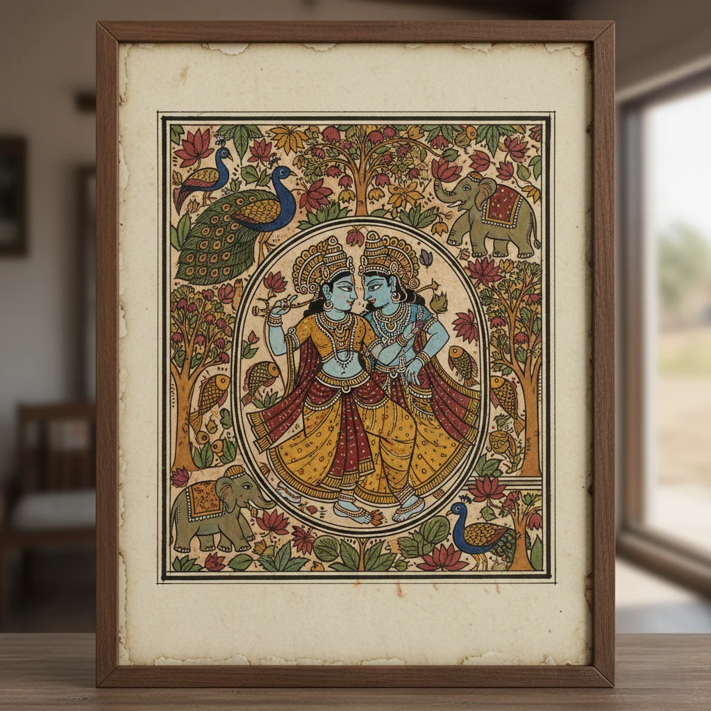 Radha Krishna Pattachitra Painting with Wooden Frame — Authentic Madhubani Painting | KalaVihar