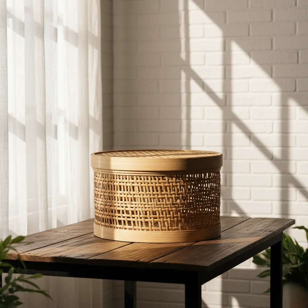 Handwoven Bamboo Storage Basket with Lid | Round Cane Weave Hamper — Authentic Madhubani Painting | KalaVihar