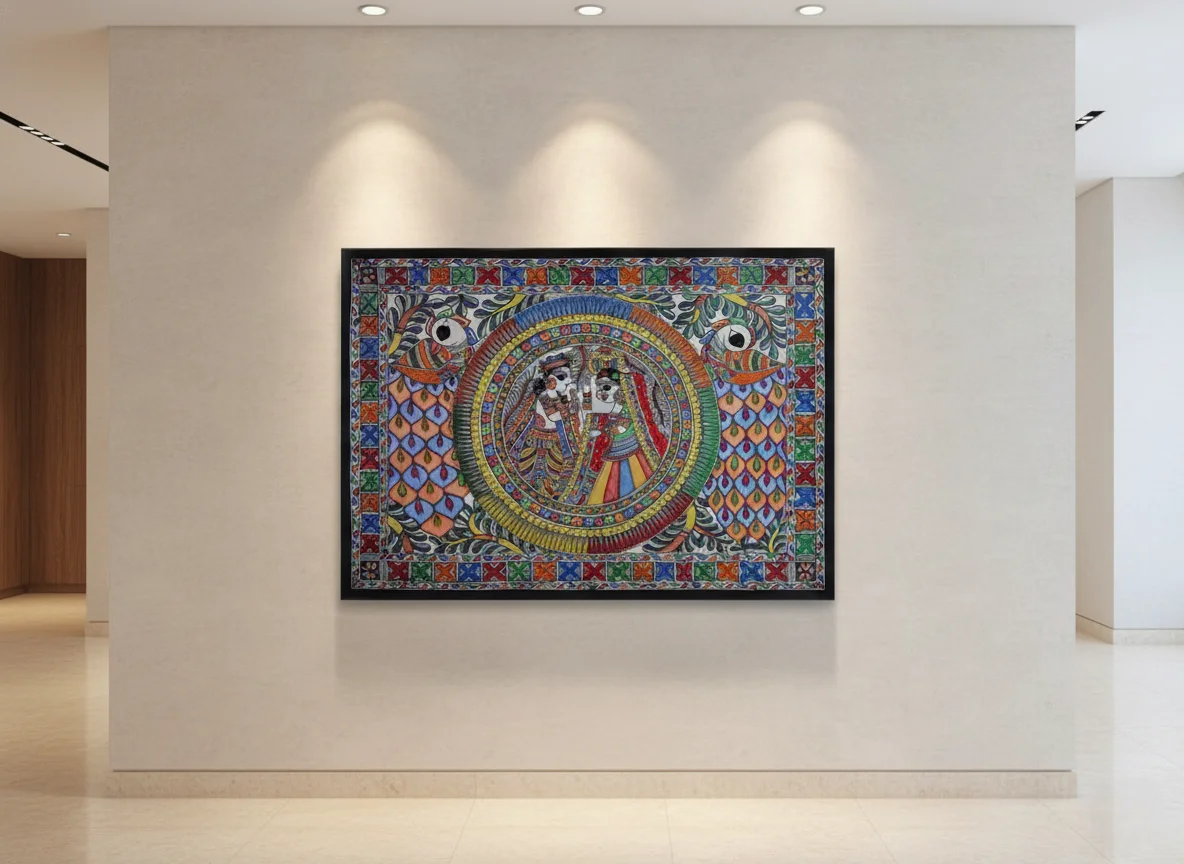 Mandala of Divine Love Madhubani Art (24x26 in) | Framed Circular Motif