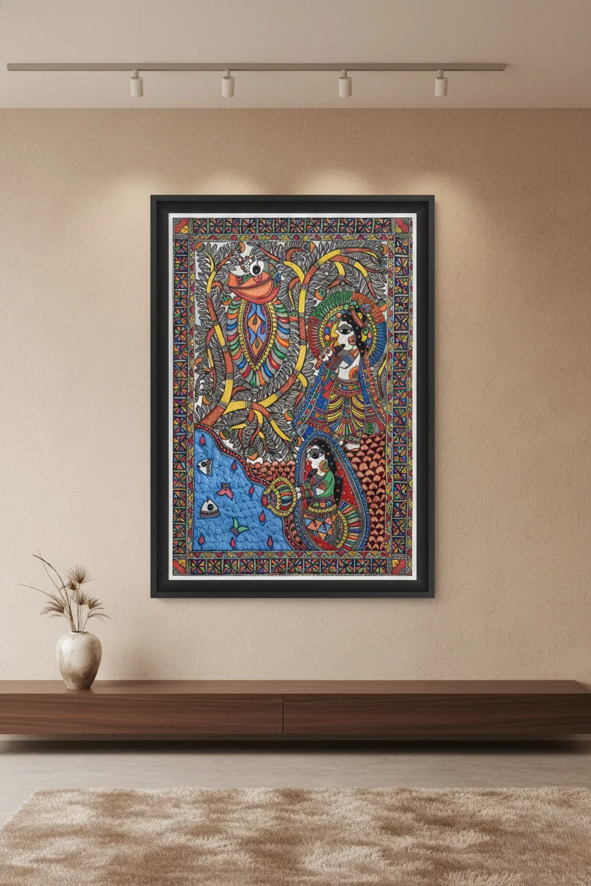 Hand-Painted Radha-Krishna Madhubani Art | Classic Mithila Masterpiece - 12 * 18 inch
