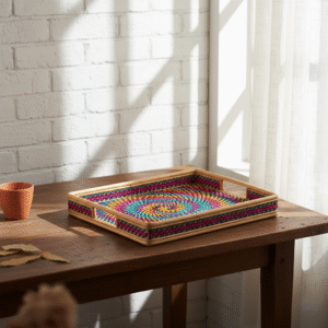 Handwoven Multicolored Rattan Serving Tray | Cane Geometric Centerpiece