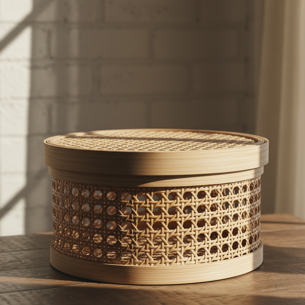 Handwoven Bamboo Storage Basket with Lid | Round Cane Weave Hamper - Image 2