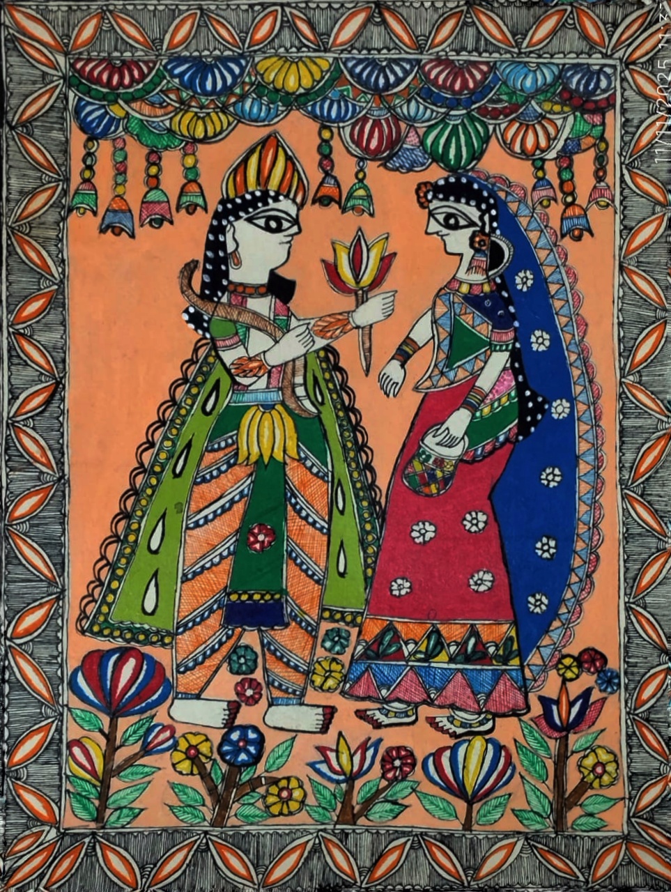 Hand-Painted Radha-Krishna Madhubani Art (15x12 in) | Classic Mithila Wedding Motif