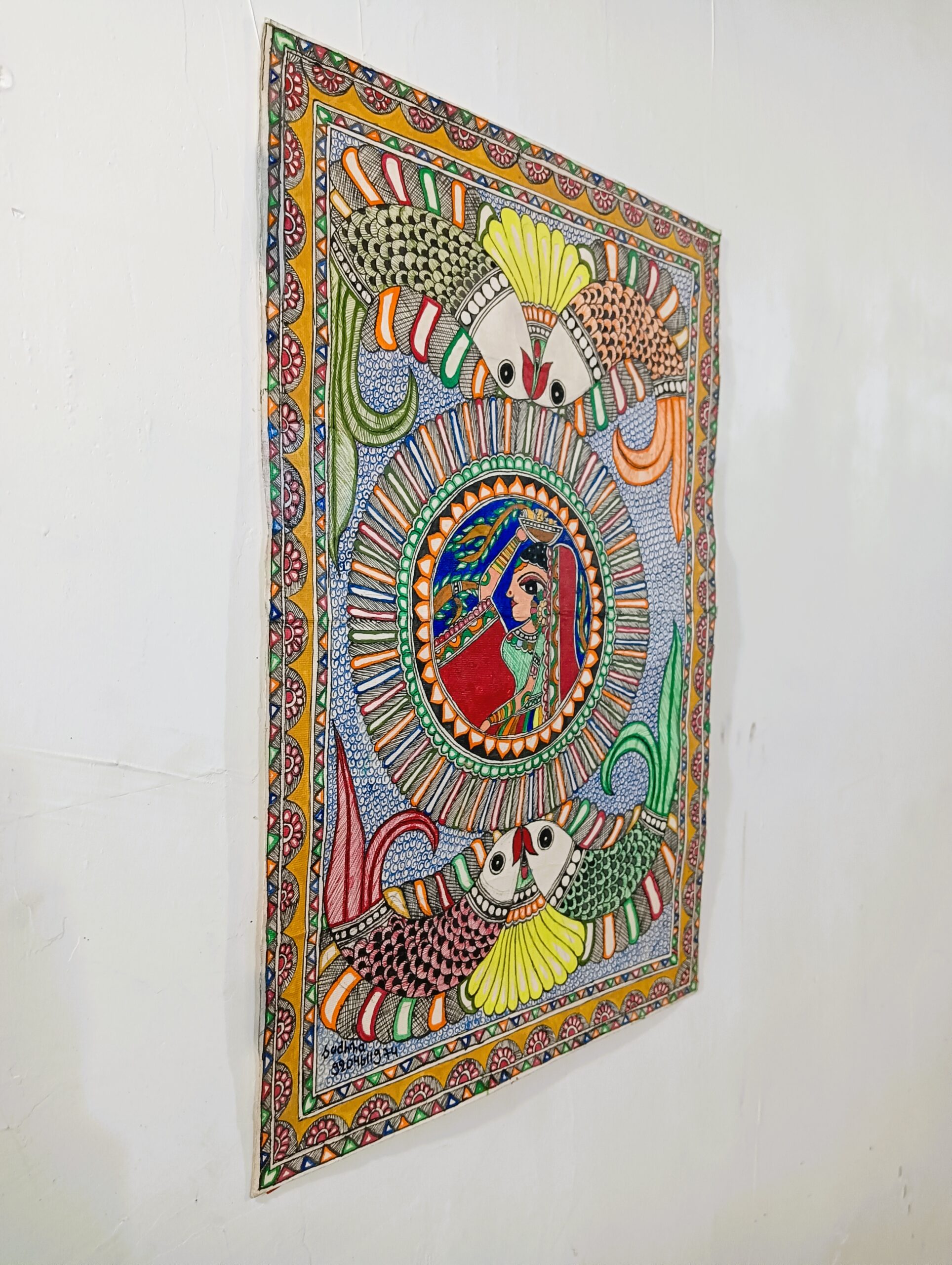 Premium Madhubani Wall Art: The Two Fish & Nayika Motif (17x24 in) | Framed Bharni Style - Image 4