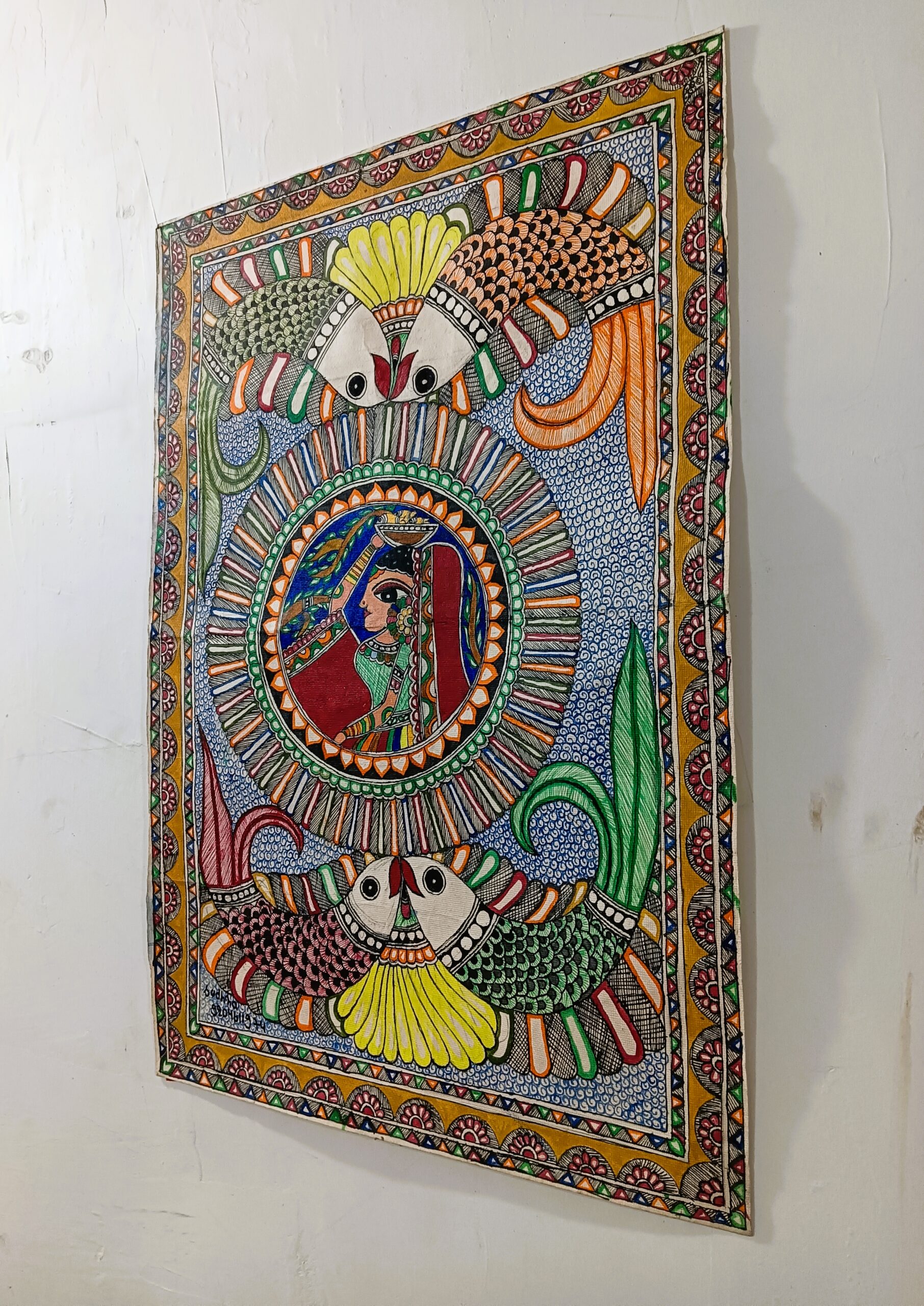 Premium Madhubani Wall Art: The Two Fish & Nayika Motif (17x24 in) | Framed Bharni Style - Image 3