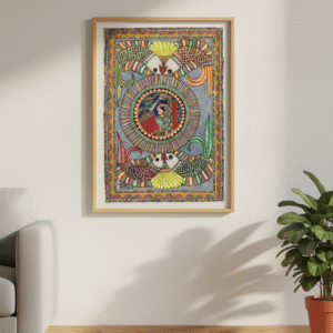 Premium Madhubani Wall Art: The Two Fish & Nayika Motif (17x24 in) | Framed Bharni Style