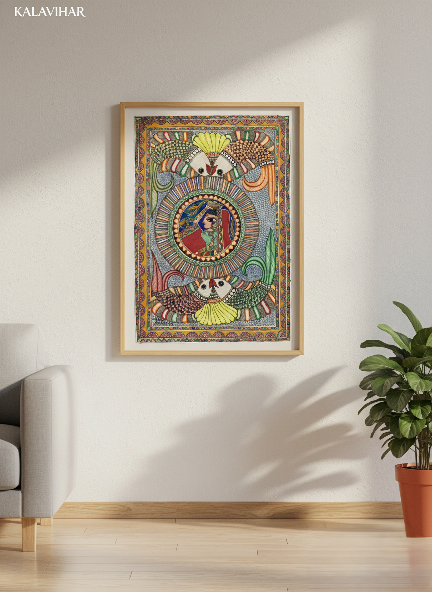 Premium Madhubani Wall Art: The Two Fish & Nayika Motif (17x24 in) | Framed Bharni Style