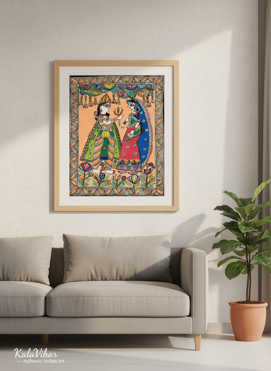 Hand-Painted Radha-Krishna Madhubani Art (15x12 in) | Classic Mithila Wedding Motif