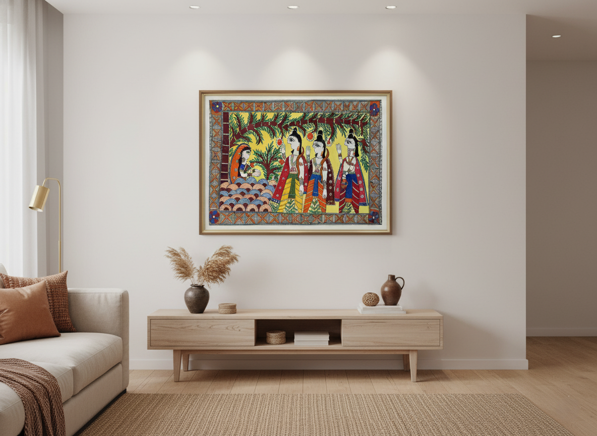 Sita & Sakhis Under the Tree | Hand-Painted Madhubani Art (15x22 in)