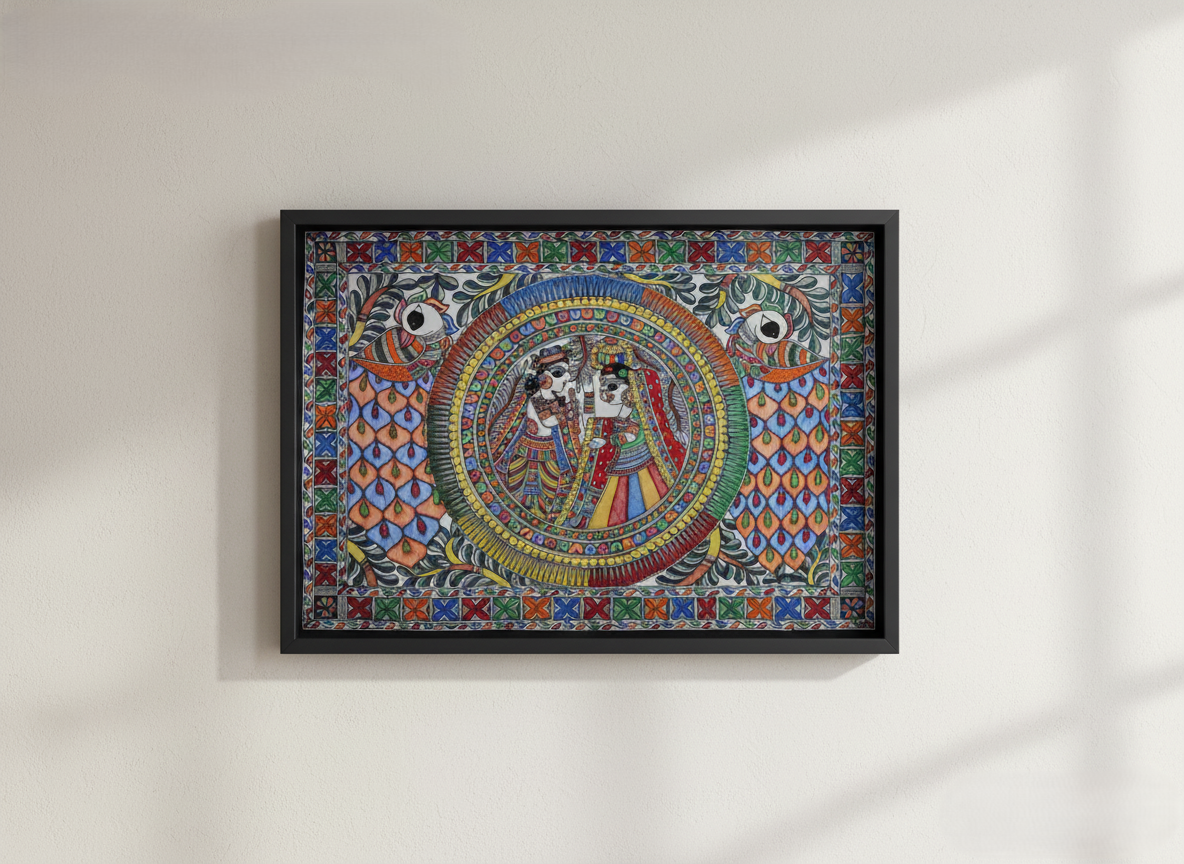 Mandala of Divine Love Madhubani Art (24x26 in) | Framed Circular Motif