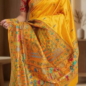 The Golden Mithila: Authentic Hand-Painted Madhubani Cotton Saree | Yellow 'Matsya & Mayur' Motif