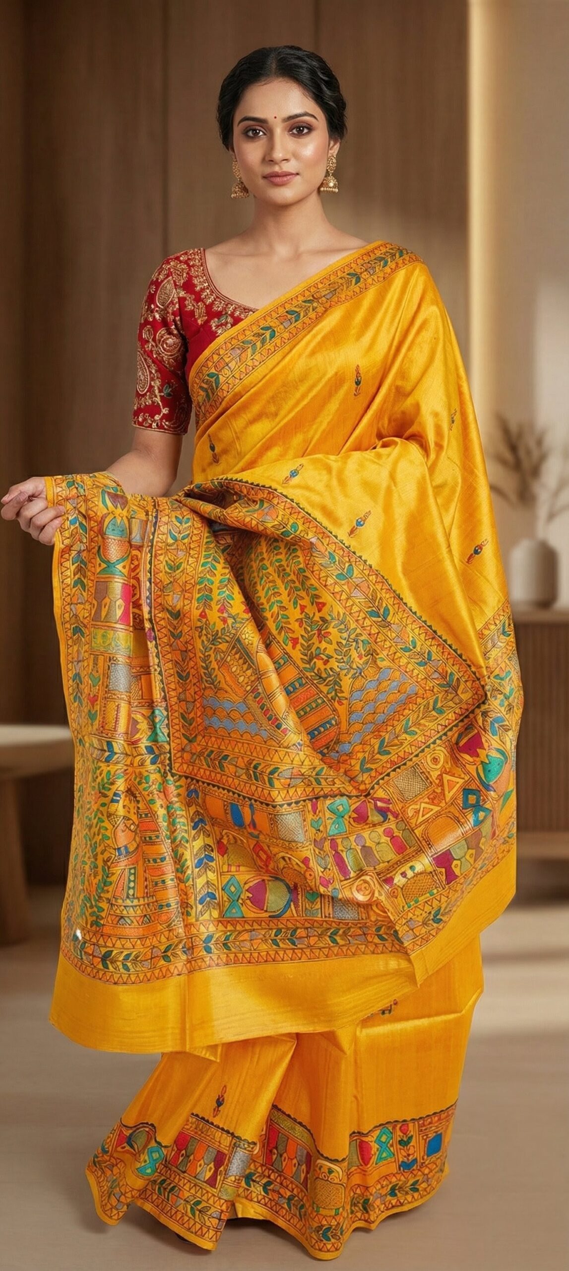 The Golden Mithila: Authentic Hand-Painted Madhubani Cotton Saree | Yellow 'Matsya & Mayur' Motif