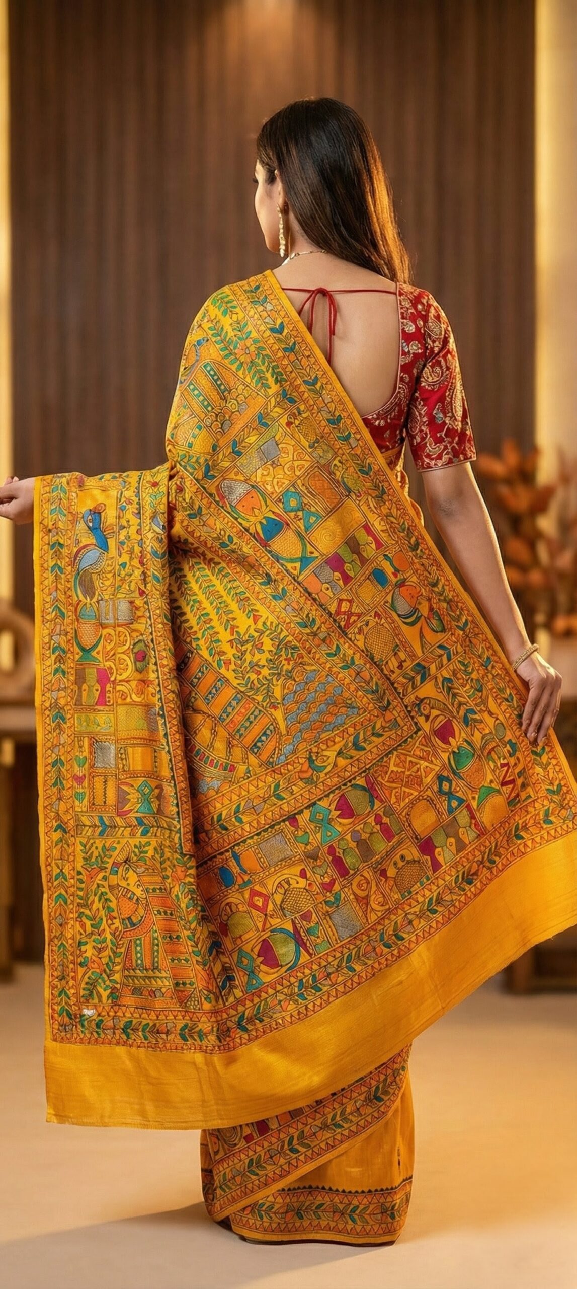 The Golden Mithila: Authentic Hand-Painted Madhubani Cotton Saree | Yellow 'Matsya & Mayur' Motif - Image 2