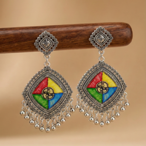 Hand-Painted Multicolor Geometric Madhubani Earrings | Vibrant Mithila Studs