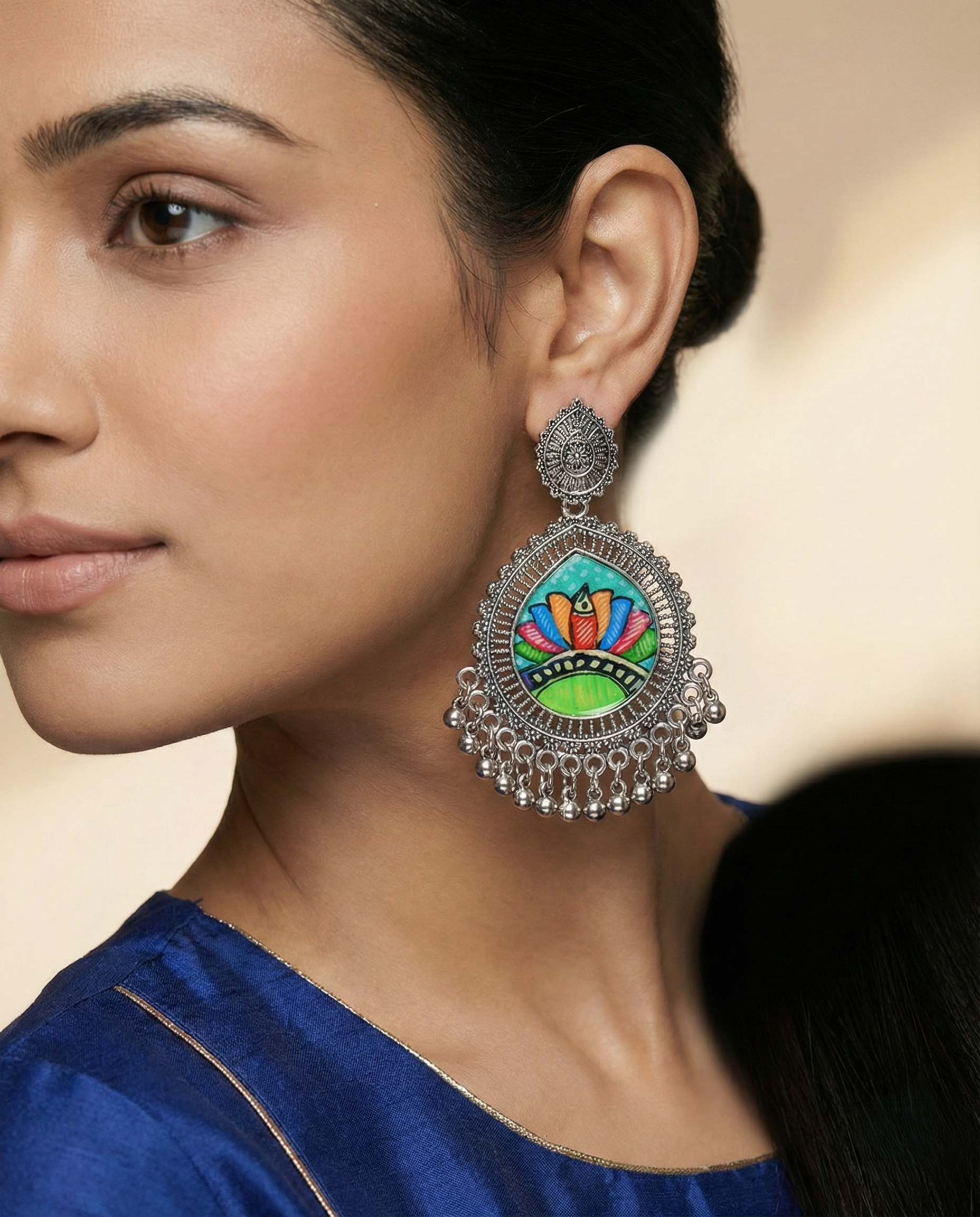 Hand-Painted Lotus (Kamal) Madhubani Earrings | Divine Mithila Floral Studs - Image 2